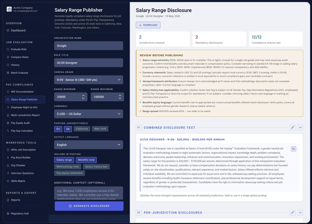 Vareqa generating a salary range disclosure from an approved grade